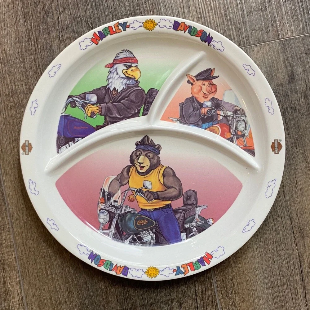 Vintage 1999 Harley Davidson Divided Melamine Kids Plate Biker Animals 8.5 Inch